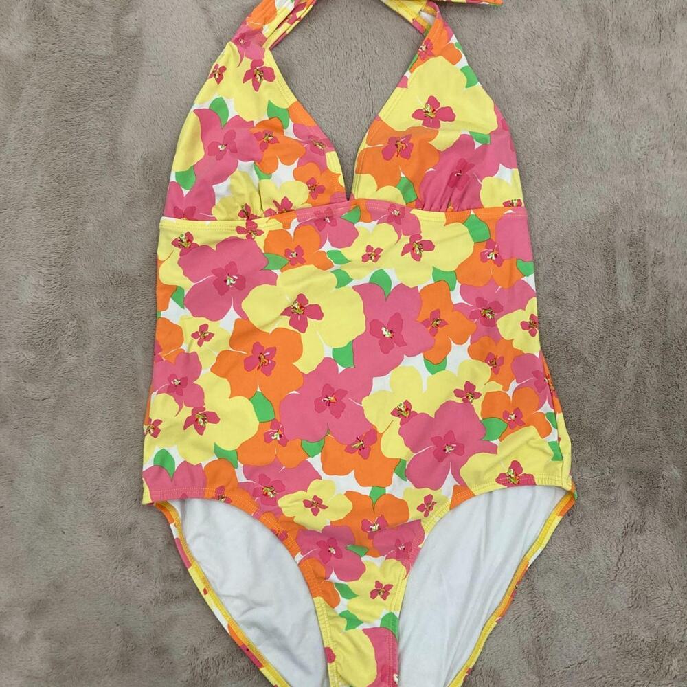 Lilly Pulitzer Floral Halter One Piece Swimsuit, Yellow Pink Orange, Size M